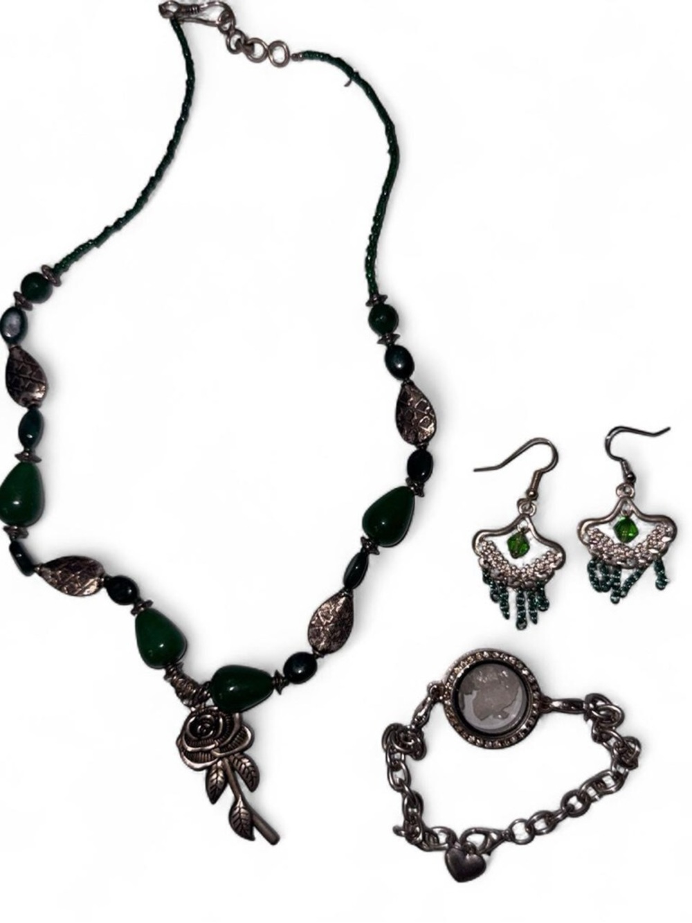Green Beaded Rose Pendant Necklace with Matching Earrings and Bracelet Set
